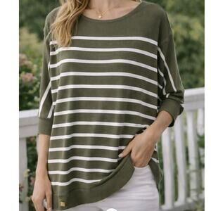 Lauren Ralph Lauren Striped Top Olive Green Dolman Sleeve Knit Size 1XL